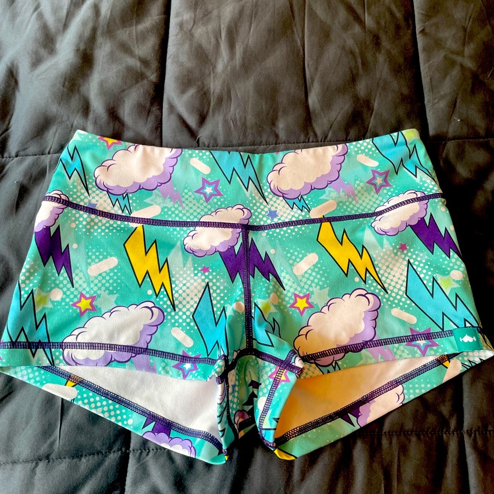 WODBottom CrossFit Shorties in blue/lightning bolt print. Size small